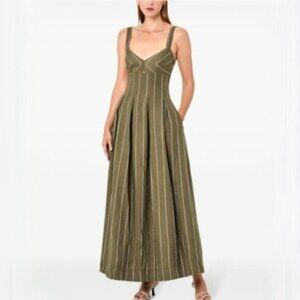 NWT NICHOLAS Selene Seamed Cami Linen Olive & White Striped Maxi Dress